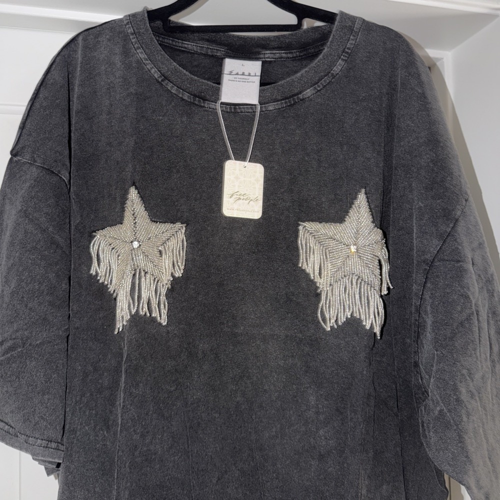 NWT Free People Sabbi Ta-Ta Sparkle Stars Tassels Black Shirt XL Oversized - Picture 4 of 8